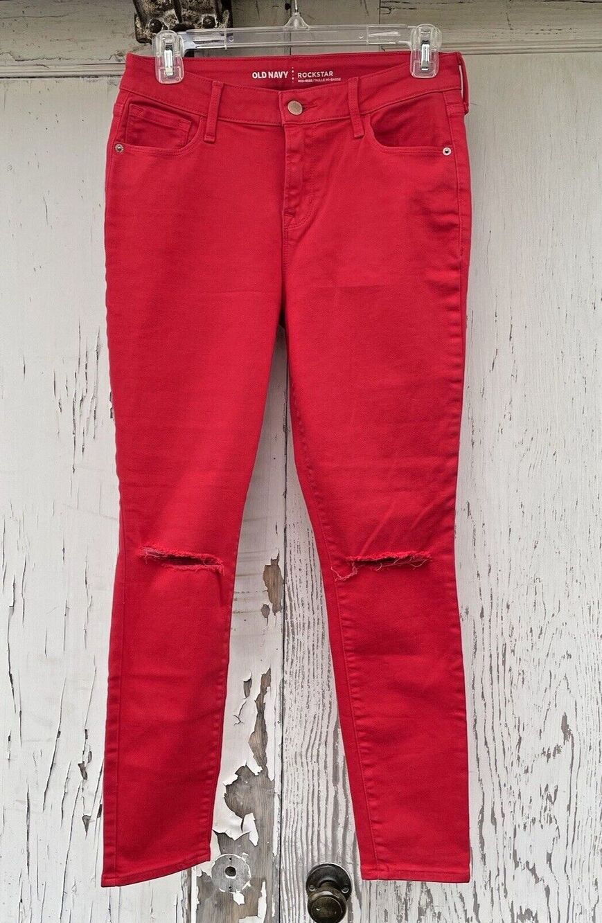 Old Navy Rockstar Distressed Jeans Women's Size 6R Red Mid-Rise Super-Skinny